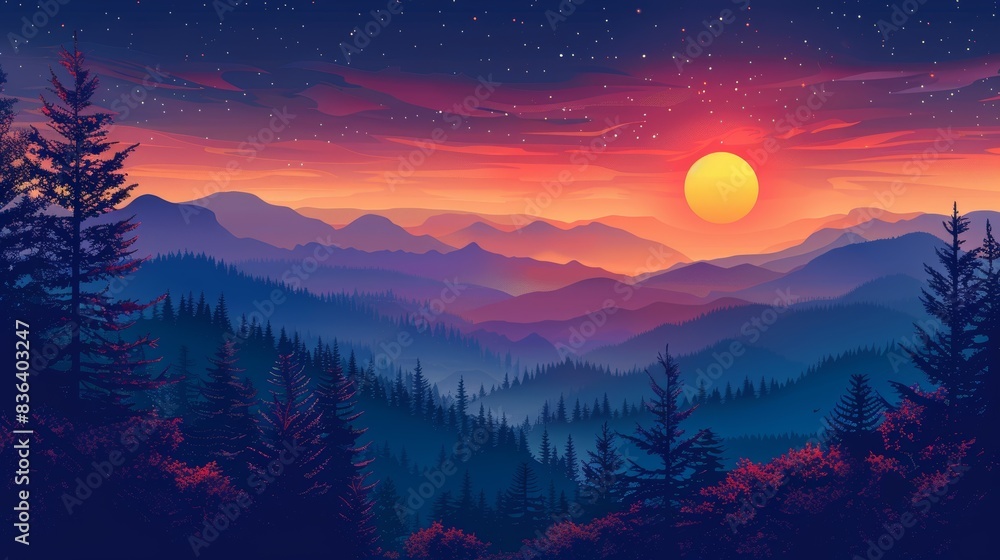 Naklejka premium Beautiful Dusk at Mountains Scenery vector design