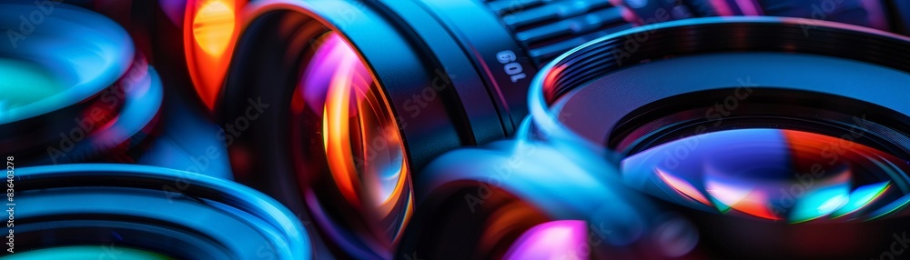 Closeup on the glowing edges of lens elements and aperture blades under black light Closeup on the glowing edges of lens elements and aperture blades under black light