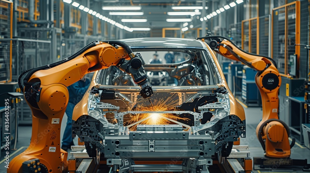Cobot working alongside an engineer in a car manufacturing plant, assembling parts with high precision Cobot working alongside an engineer in a car manufacturing plant, assembling parts with high precision