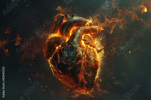 An anatomical heart wreathed in vibrant flames, partially scorched and blackened, yet still beating defiantly. The image symbolizes strength in the face of adversity, the indomitable spirit photo