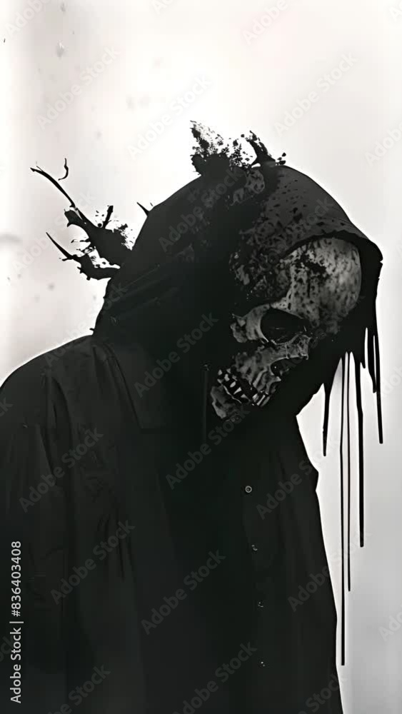 The image of death in black clothes, a black hood. Grim reaper in the fog. Depression, despondency, fear, fright, mysticism. 3D illustration, 3D rendering isolated on white background Halloween theme 
