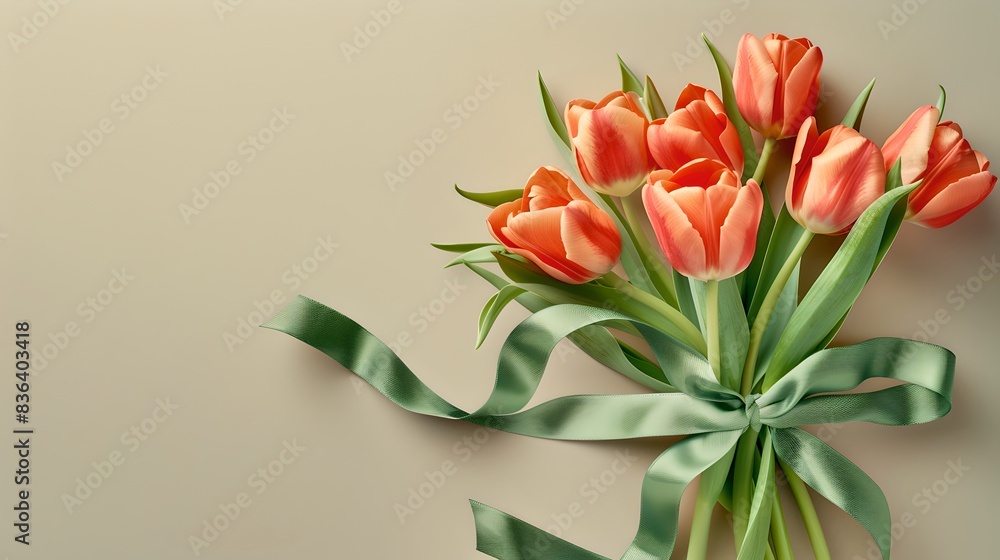 Bouquet of orange tulips with green ribbon on plain background. Minimalist floral arrangement. Perfect for greeting cards, invitations, and decor. AI Bouquet of orange tulips with green ribbon on plain background. Minimalist floral arrangement. Perfect for greeting cards, invitations, and decor. AI