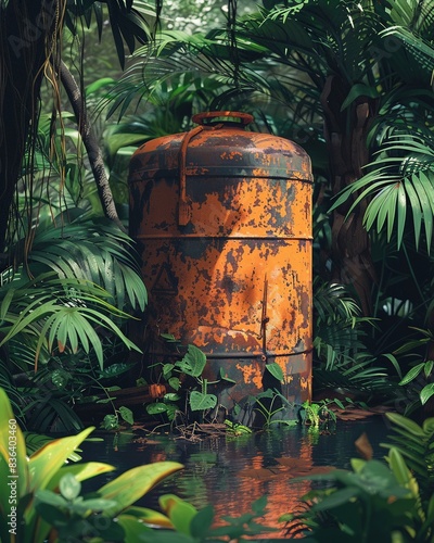 Illustrate a nonhazardous chemical container standing amidst lush greenery photo