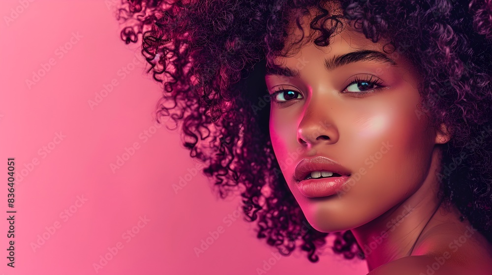 Close-up portrait of a woman with curly hair gazing towards the camera. Soft lighting highlights her beautiful skin. Perfect for beauty and fashion. AI Close-up portrait of a woman with curly hair gazing towards the camera. Soft lighting highlights her beautiful skin. Perfect for beauty and fashion. AI
