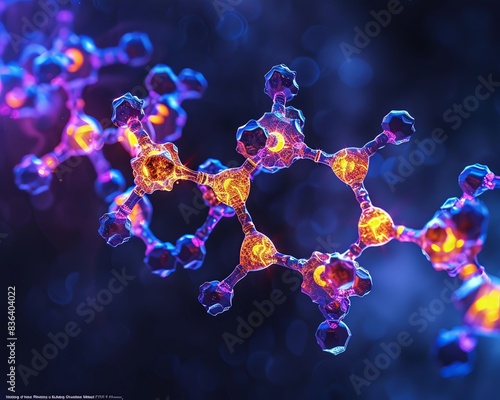 Craft a stunning image of a reactive compound under a microscope, showcasing intricate molecular structures, glowing with neon colors, set against a dark, mysterious background photo