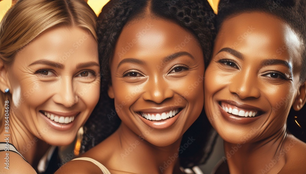 Portrait of group of middle aged smiling together cheek to cheek; two black, one white; close up Portrait of group of middle aged smiling together cheek to cheek; two black, one white; close up