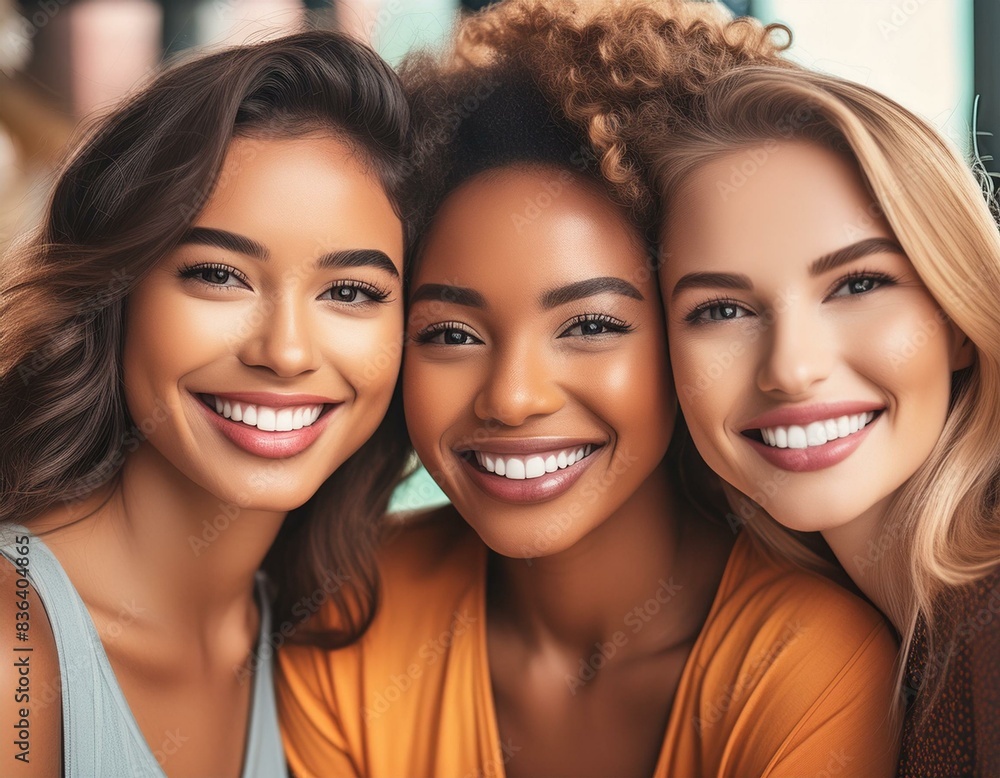Portrait of group of young adults smiling together cheek to cheek; one black, one hispanic, one white; close up Portrait of group of young adults smiling together cheek to cheek; one black, one hispanic, one white; close up
