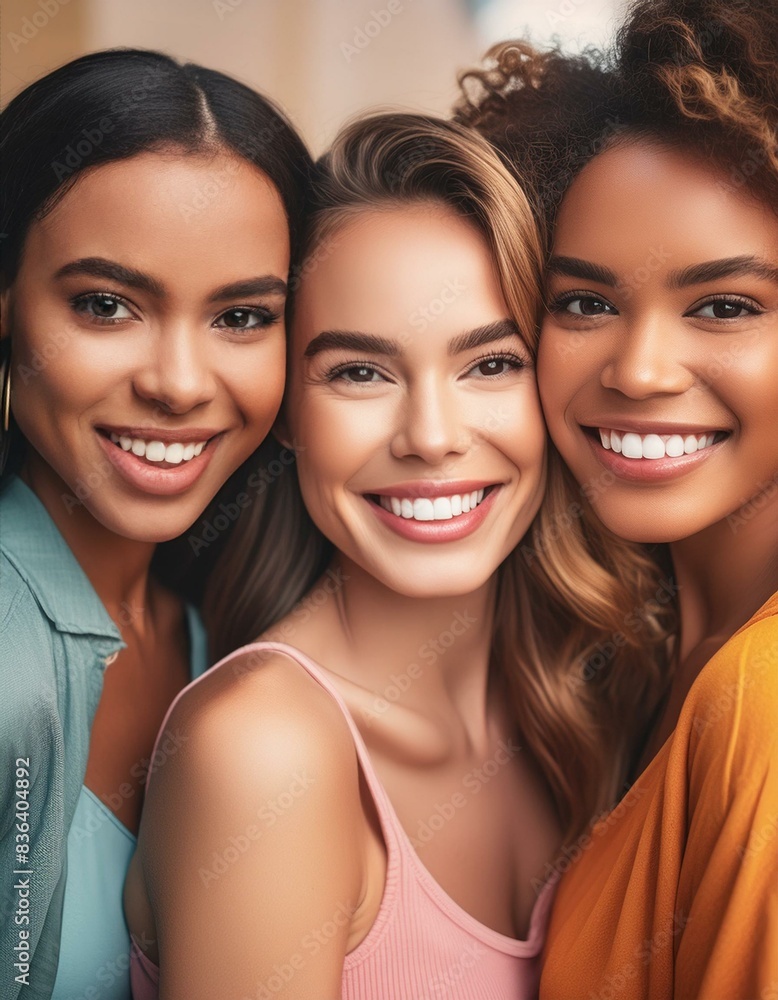 Portrait of group of young adults smiling together cheek to cheek; one black, one hispanic, one white; close up Portrait of group of young adults smiling together cheek to cheek; one black, one hispanic, one white; close up