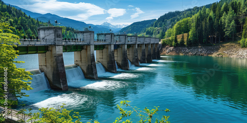 Green eco-friendly technology  water flow in hydroelectric dam generating power in a serene landscape