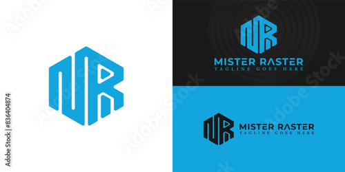 Abstract initial hexagon letters MR or RM logo in blue color isolated on multiple background colors. The logo is suitable for graphic design service logo design inspiration templates.