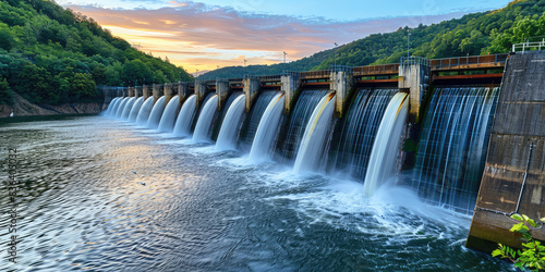 Green eco-friendly technology  water flow in hydroelectric dam generating power in a serene landscape