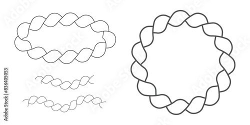 Round rope curve symbol set. Different thickness circular ropes set for decoration. Rope vector. Rope design. 