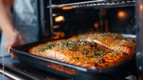 a woman takes salmon out of the oven. selective focus