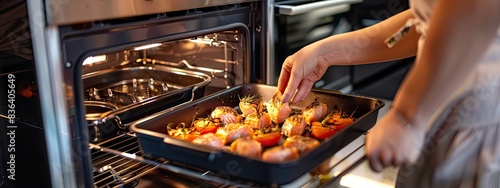 a woman takes fish out of the oven. selective focus