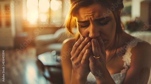 Emotional woman crying at home in sunset light. Artistic photo capturing deep feelings. Perfect for emotional, lifestyle, and conceptual themes. AI