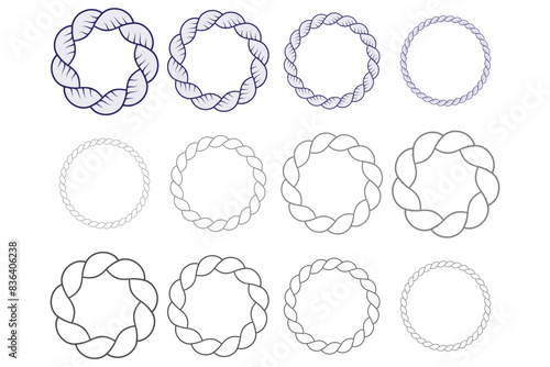 Round rope curve symbol set. Different thickness circular ropes set for decoration. Rope vector. Rope design. 