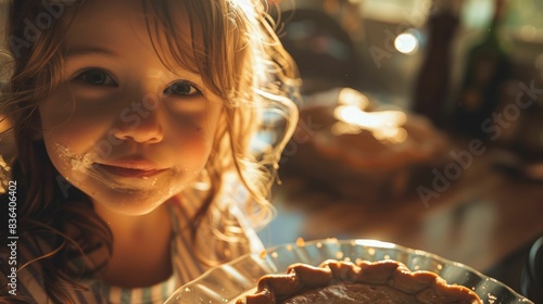 A young girl is seated at a table with a delicious pie in front of her. The aroma of freshly baked goods fills the room, enticing her to take a bite and share the tasty treat with others AIG50 © Summit Art Creations