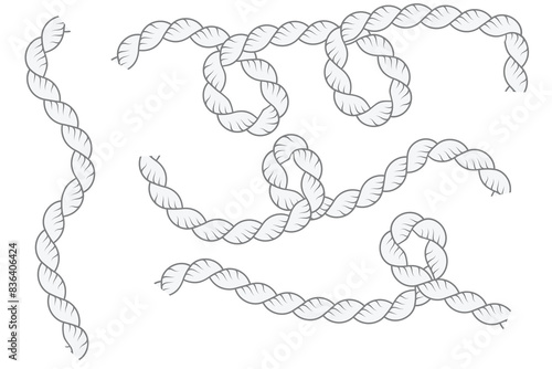 Wavy rope curve set. Repeating hemp cord stripes collection. Wavy loop tie braid bundle. Seamless black and white plait pattern. Vector marine twine design element. Eps10.