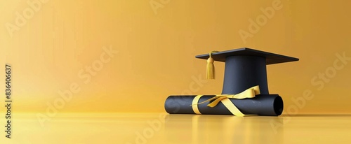 Black Graduation Cap and Yellow Diploma on Yellow Background