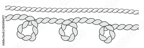 Wavy rope curve set. Repeating hemp cord stripes collection. Wavy loop tie braid bundle. Seamless black and white plait pattern. Vector marine twine design element. Eps10.