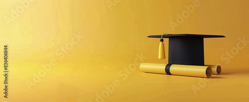 Black Graduation Cap and Yellow Diploma on Yellow Background