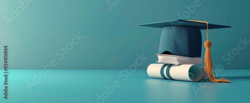Graduation Cap, Diploma, and Book on Blue Background