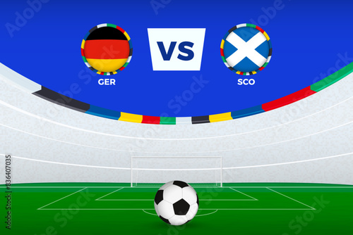 Illustration of stadium for football match between Germany and Scotland, stylized template from soccer tournament.