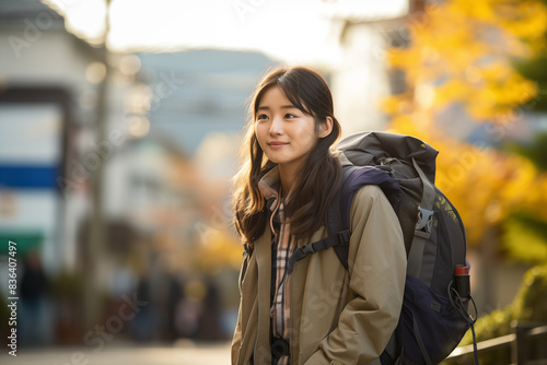 Teen pretty Japanese girl at outdoors with mountaineer backpack © luismolinero