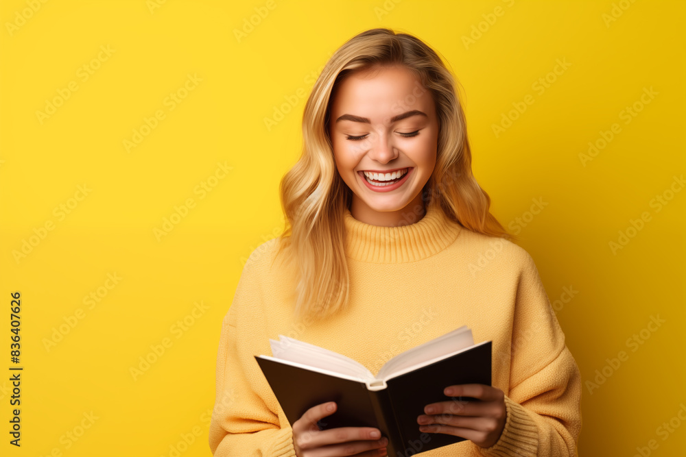 Young pretty blonde girl over isolated colorful background holding a book