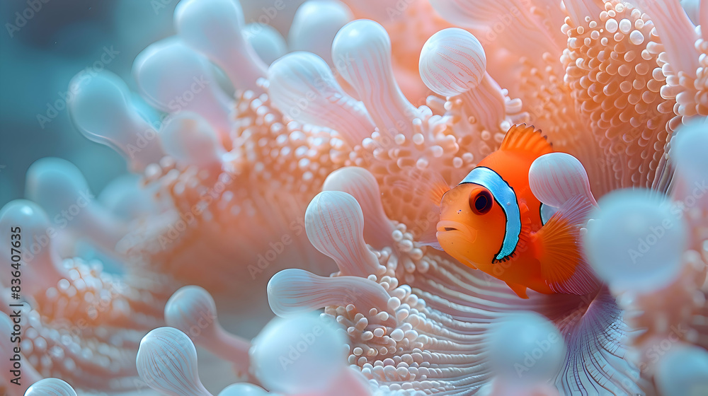 A close-up of a nature coral reef anemone with clownfish nestled inside A close-up of a nature coral reef anemone with clownfish nestled inside