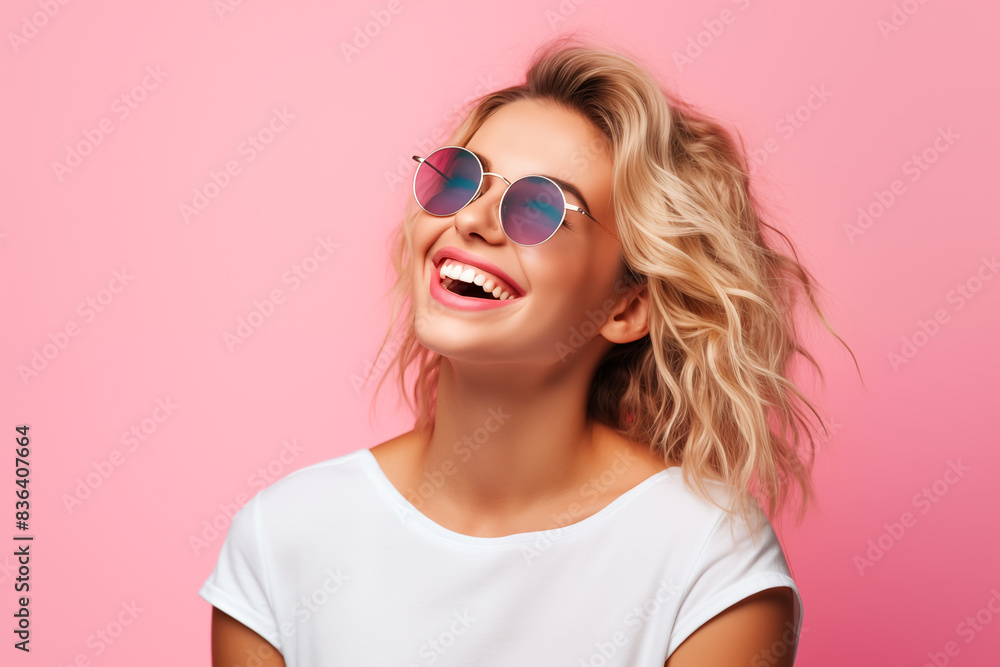 Young pretty blonde girl over isolated colorful background with sunglasses Young pretty blonde girl over isolated colorful background with sunglasses