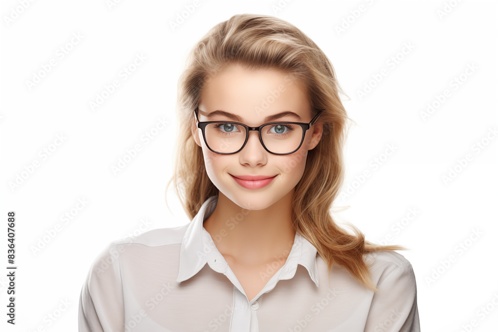 Young pretty blonde girl over isolated white background with glasses