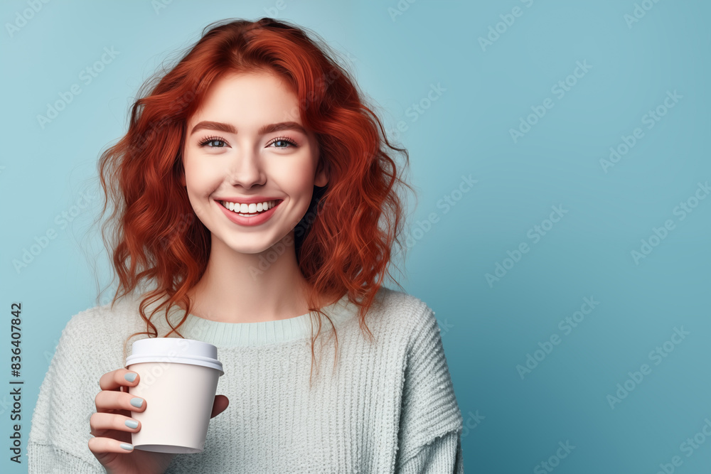 Young pretty Redhead girl over colorful background holding a take away coffee Young pretty Redhead girl over colorful background holding a take away coffee
