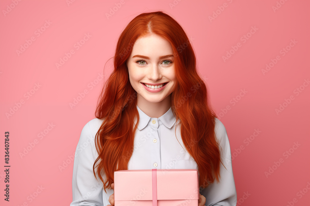 Young pretty Redhead girl over colorful background holding a gift Young pretty Redhead girl over colorful background holding a gift