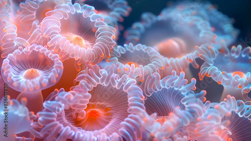 A close-up of a nature coral reef anemone with clownfish nestled inside