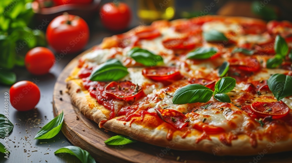 A Close up of a Pizza With Tomatoes Basil and Mozzarella Cheese - Generative AI A Close up of a Pizza With Tomatoes Basil and Mozzarella Cheese - Generative AI