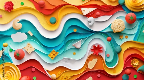 Abstract paper art background of waves and wavy patterns with various elements such as pasta, tomato sauce, cheese and meatballs. A colorful abstract design in the style of an intricate origami
