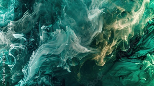  Emerald and beige paint swirling, Ink Canvas, delicate luminescence seeps from fluid waves, event photography photo