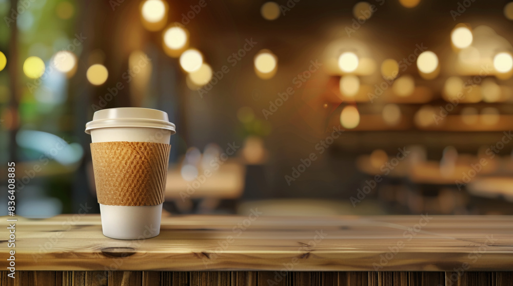 Coffee in a paper cup on a wooden table, cozy setting Coffee in a paper cup on a wooden table, cozy setting