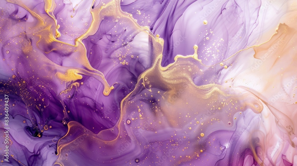 Obraz premium Honey and lavender paint cascading, Ink Fantasy, gentle sparkle flows from aqueous streams, flyer