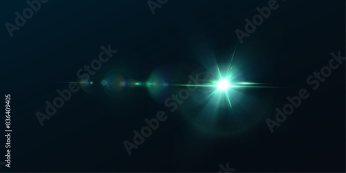 Light effect of green glowing light. Solar flare. Glow effect. Starbursts with twinkling highlights. Beautiful light effect of flickering highlights. Vector 10 EPS