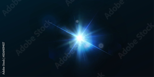 Light effect of blue glowing light. Solar flare. Glow effect. Starbursts with twinkling highlights. Beautiful light effect of flickering highlights. Vector 10 EPS