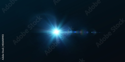 Light effect of blue glowing light. Solar flare. Glow effect. Starbursts with twinkling highlights. Beautiful light effect of flickering highlights. Vector 10 EPS