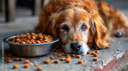 A sad red domestic dog, laying his head on the floor near a bowl of dry food, looks with sad eyes. Poor nutrition, loss of appetite, melancholy
