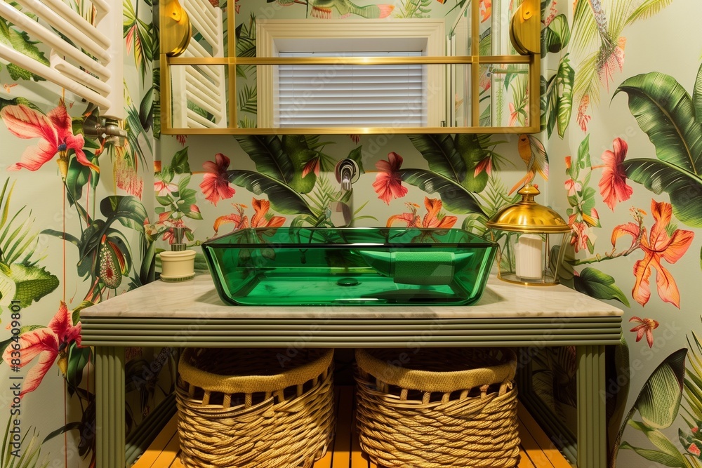 A bathroom with a vibrant tropical theme, featuring bold floral , a green glass sink, and wicker storage baskets