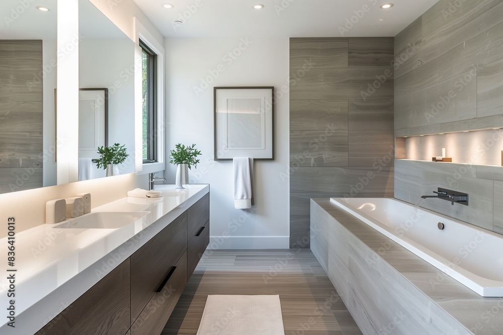 A contemporary bathroom with a monochromatic palette, featuring a floating vanity with a minimalist sink, a large frameless mirror, and sleek, modern fixtures A contemporary bathroom with a monochromatic palette, featuring a floating vanity with a minimalist sink, a large frameless mirror, and sleek, modern fixtures