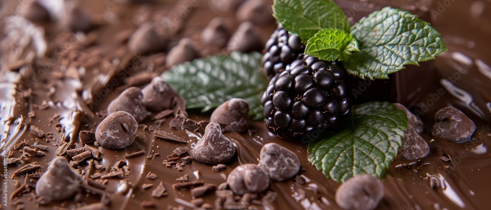 Blackberry on Chocolate Background, Gourmet Dessert with Dark Chocolate and Fresh Berries, Culinary Art and Sweet Treat Blackberry on Chocolate Background, Gourmet Dessert with Dark Chocolate and Fresh Berries, Culinary Art and Sweet Treat