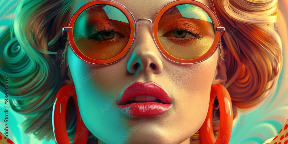 Obraz premium Retro style pastel colors summer background. Fashion woman wearing big sunglasses.