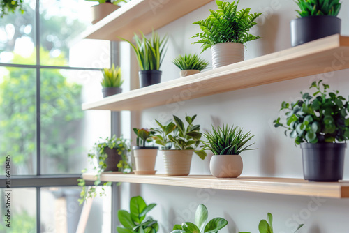 Indoor plants in pots adorn a living room shelf, creating a natural, modern home interior