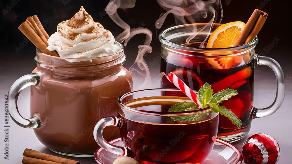 Three glass jars with delicious hot winter beverages close Three glass jars with delicious hot winter beverages close